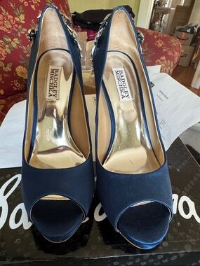 Badgley Mischka Navy Satin Peep-Toe Heels with Crystal Accent